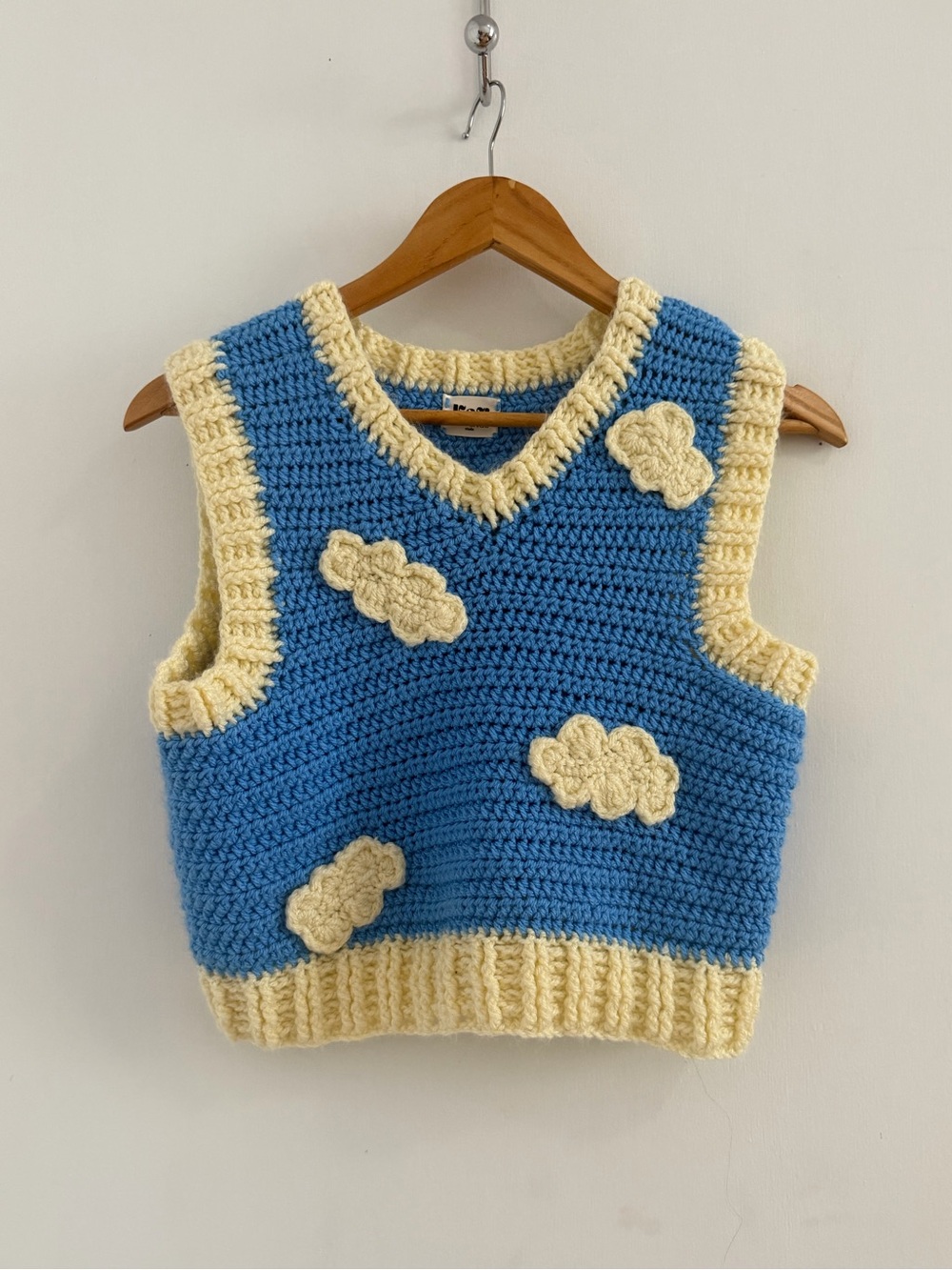 Handmade Blue & Cream Crocheted Cloud Vest